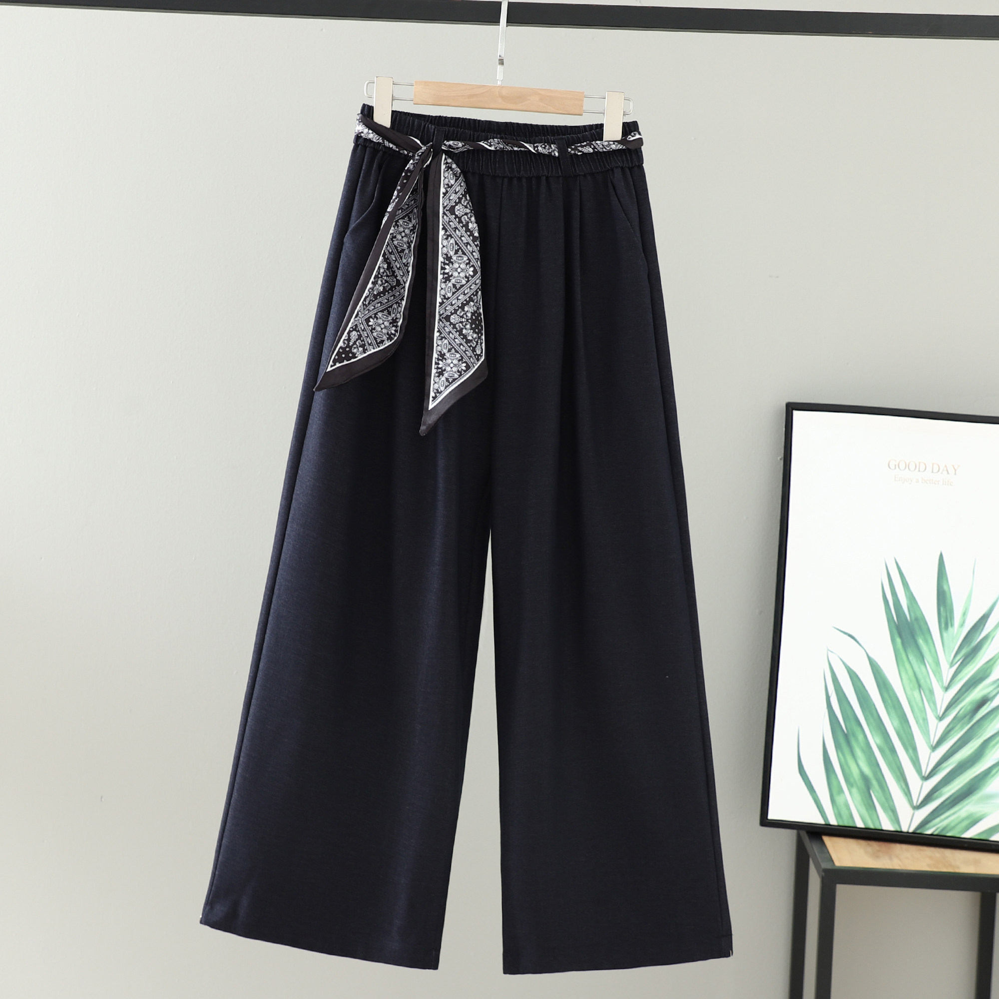 2025秋装胖妹妹女装新款松紧腰裤子纯色丝巾绑带阔腿裤大码女长裤,淘宝优惠券,粉丝福利购,淘宝优惠卷