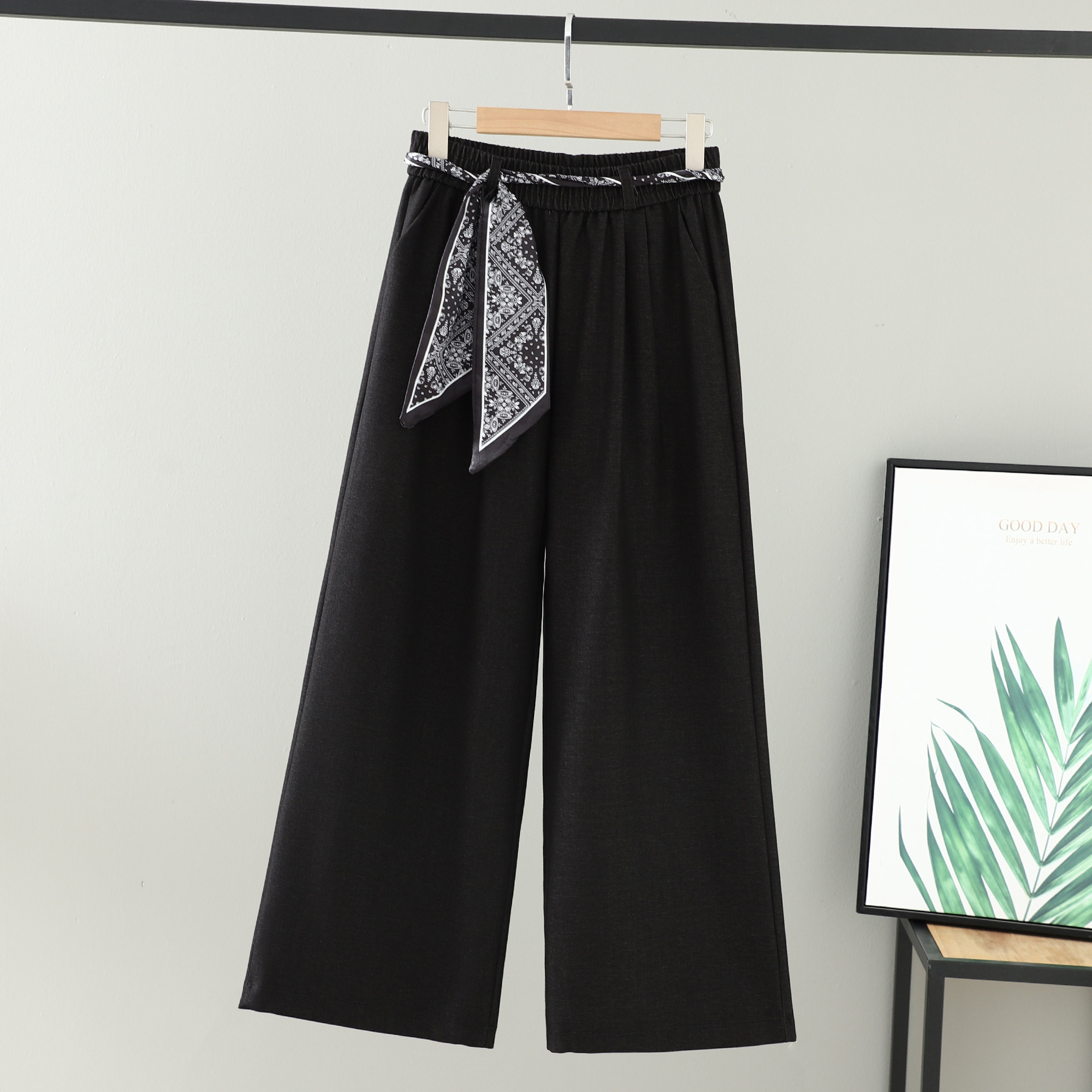 2025秋装胖妹妹女装新款松紧腰裤子纯色丝巾绑带阔腿裤大码女长裤,淘宝优惠券,粉丝福利购,淘宝优惠卷