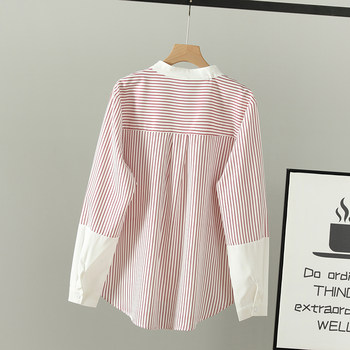 Fat sister spring loose cardigan round neck striped striped fake two-piece pullover shirt women's design long-sleeved top-sleeves