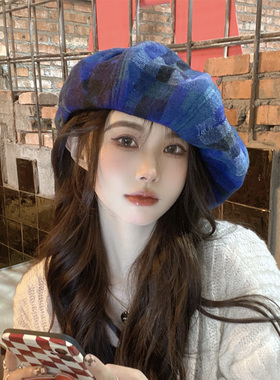 网红大版显白蓝色贝雷帽女秋冬季毛呢画家帽扎染时尚韩版云朵帽潮