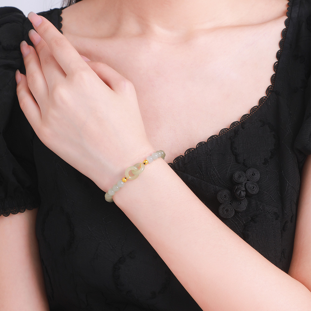 周大生足金金珠金镶玉手饰双环手链 周大生手饰