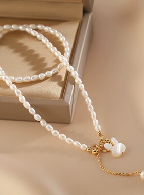 贝壳雕刻兔子淡水珍珠锁骨链
