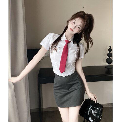 韩国学生校服衬衣夏季jk制服套装学院风修身白色短袖收腰衬衫女 - 图3