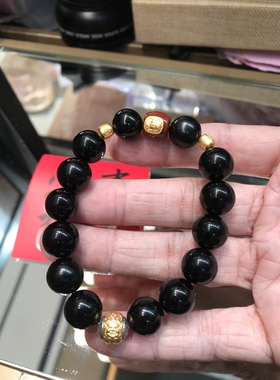 天然黑玛瑙黑耀石镀金手串男女款手链