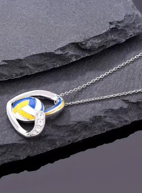 独立站新品心形排球镶钻项链 欧美时尚百搭运动配饰吊坠