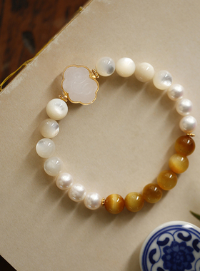 软语和田白玉珍珠虎睛石纯银手链