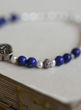 天然青金石珍珠纯银雕花古典手链