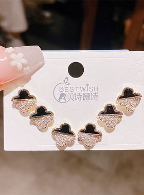实拍异形立体气质黑色花朵锆石小耳钉三对装 女银针感六件套耳钉