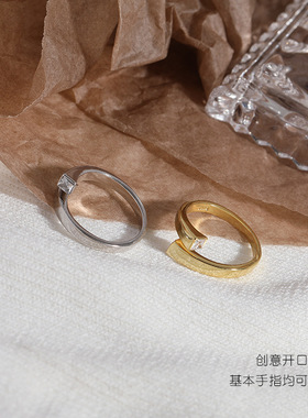 韩版925纯银戒指INS极简错边微镶开口女戒指百搭银指环ring