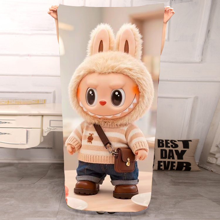 diy定制仙拉布布潮玩沙滩大浴巾labubu运动健身吸汗毛巾披肩周边 - 图1