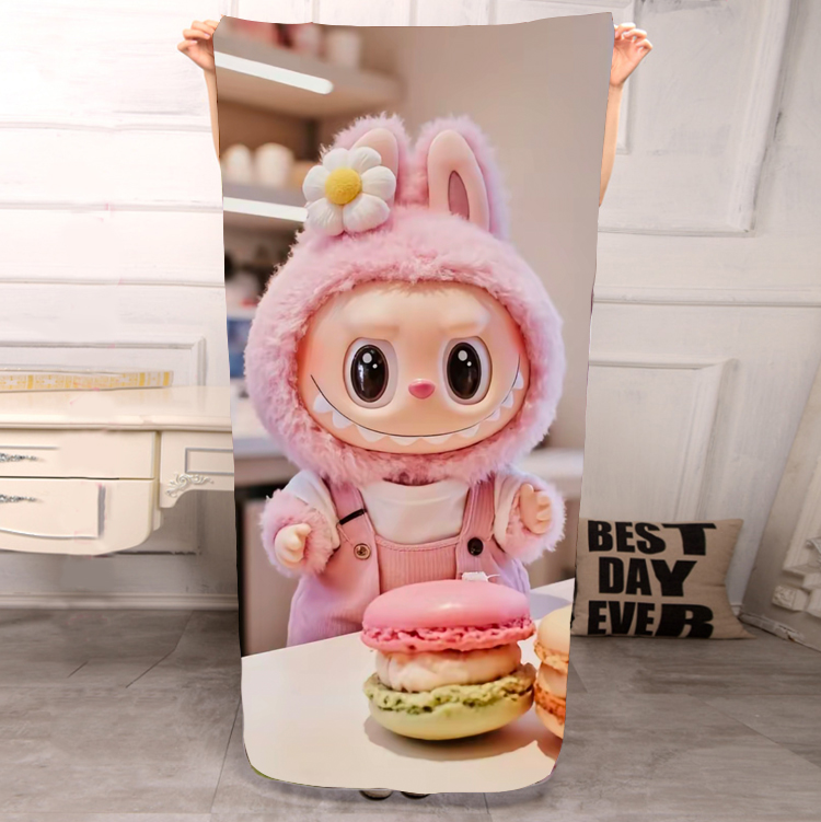 diy定制仙拉布布潮玩沙滩大浴巾labubu运动健身吸汗毛巾披肩周边 - 图0