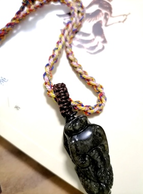 阿福珠宝 天然黑金曜石霸气貔貅藏棉国风原创编织吊坠项链