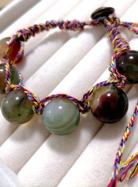 福百瑞 天然缠丝绿玛瑙水晶大珠手搓藏棉编织可调节手链