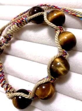 福百瑞珠宝天然黄虎眼大珠手编复古美搭精工编织手搓棉线手链