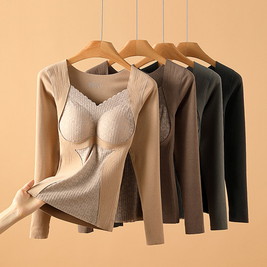 DeRong thermal underwear women's padded bra all-in-one plus velvet thickened long-sleeved seamless inner layering top for autumn and winter