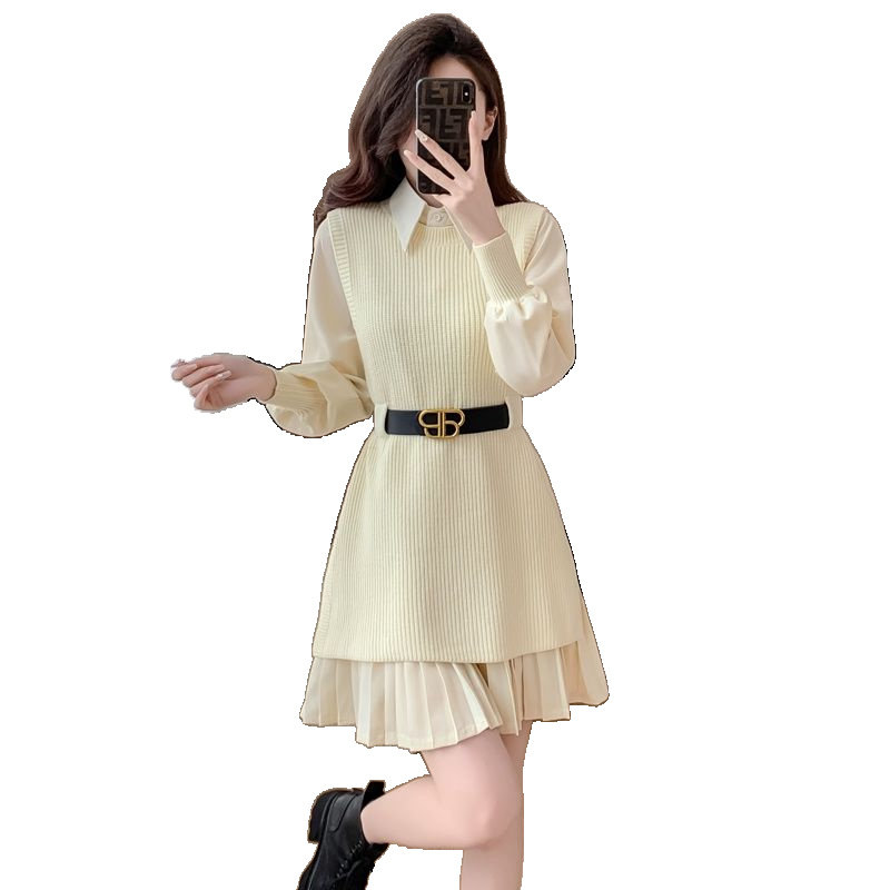 法式针织连衣裙新款女装收腰赫本风气质款两件套网红款打底毛衣女,淘宝优惠券,粉丝福利购,淘宝优惠卷