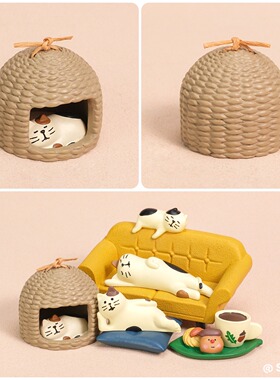 可爱猫咪小屋迷你编织桌面摆件