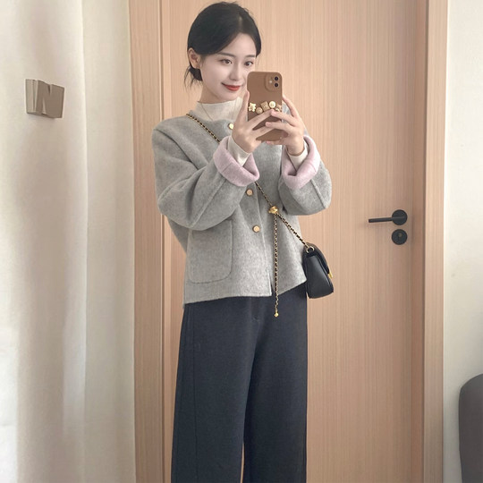 Small gentle style pink gray short woolen coat