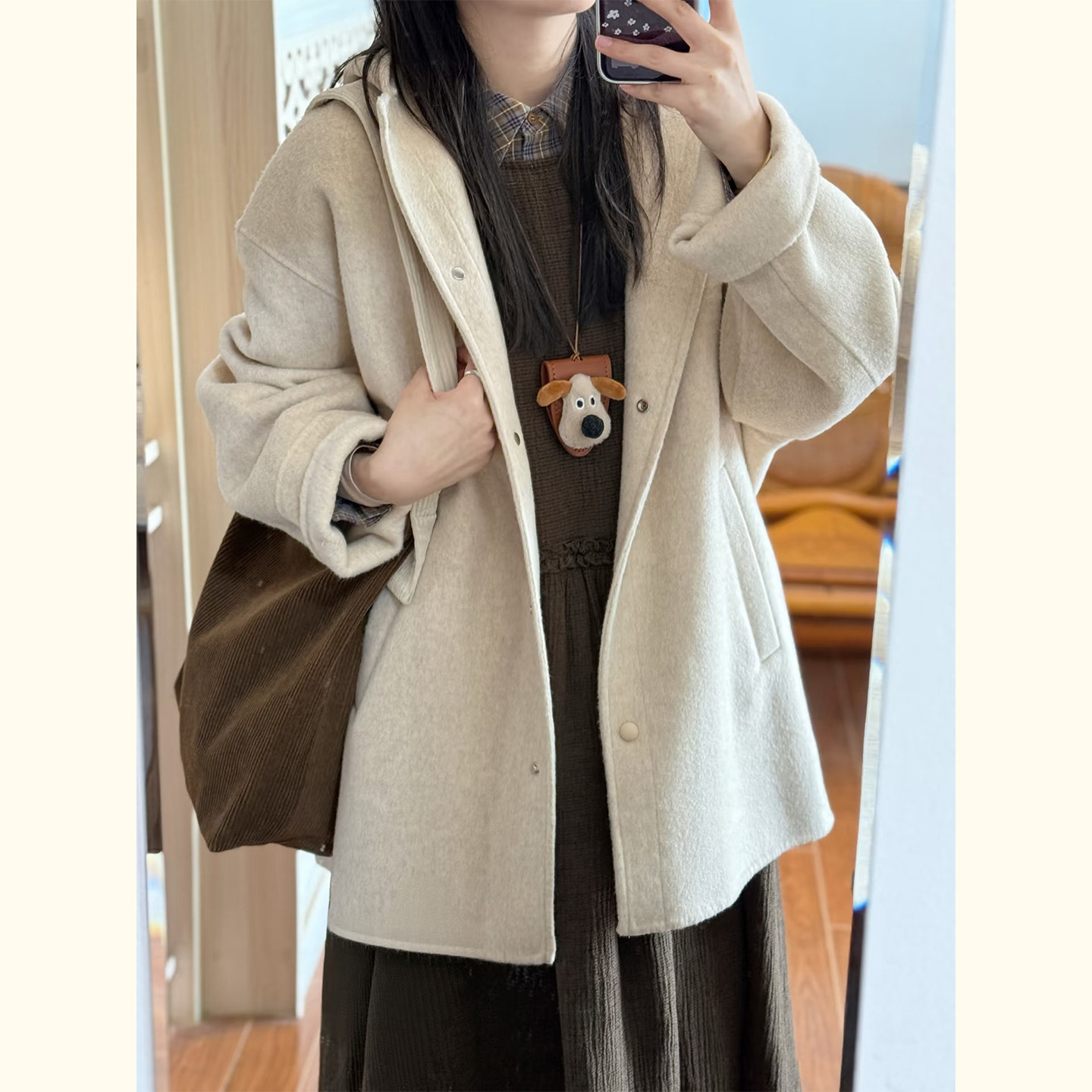 韩版米白色连帽毛呢外套女秋冬小个子中长款单排扣温柔风呢子大衣,淘宝优惠券,粉丝福利购,淘宝优惠卷