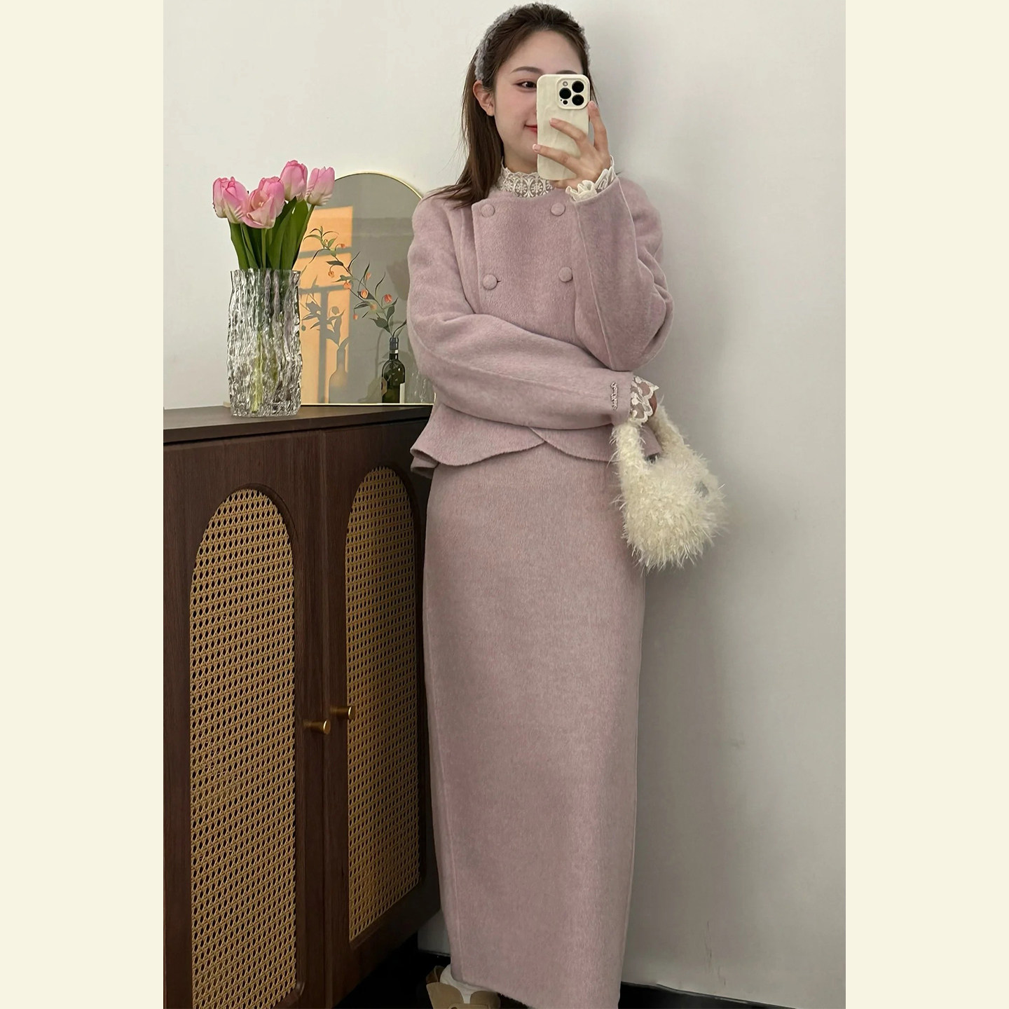 轻熟简约风双排扣粉色套装裙女秋冬季小香风毛呢外套半身裙两件套,淘宝优惠券,粉丝福利购,淘宝优惠卷
