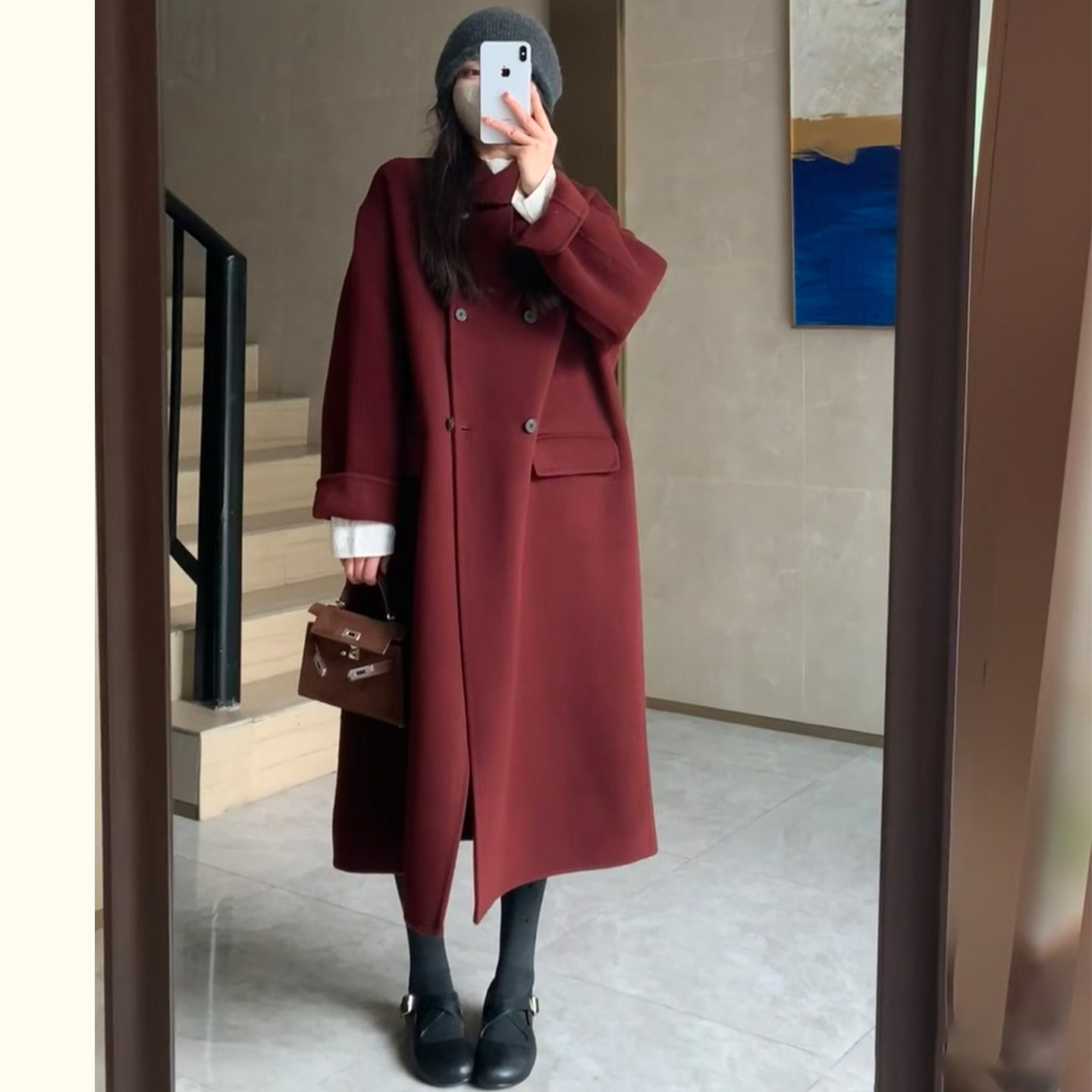 高级感双排扣红色毛呢外套女秋冬新款韩版小个子宽松显瘦呢子大衣,淘宝优惠券,粉丝福利购,淘宝优惠卷