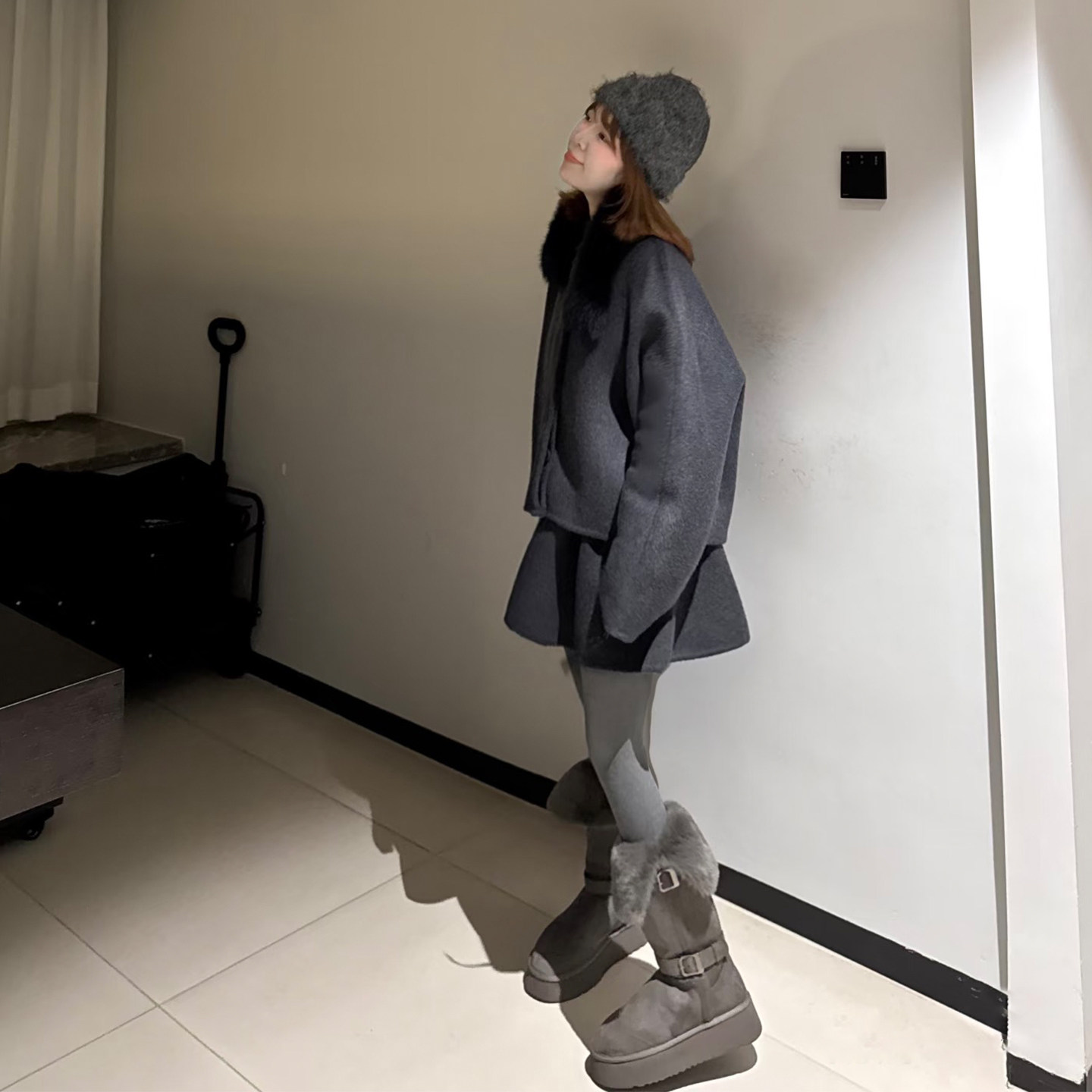 韩系灰色毛呢套装女秋冬季围脖外套半身裙三件套小个子高腰显瘦,淘宝优惠券,粉丝福利购,淘宝优惠卷