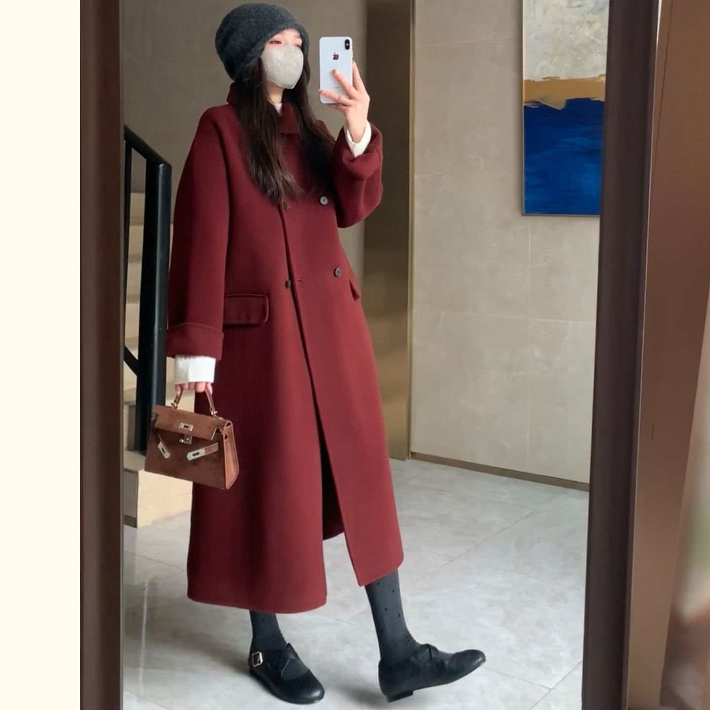 高级感双排扣红色毛呢外套女秋冬新款韩版小个子宽松显瘦呢子大衣,淘宝优惠券,粉丝福利购,淘宝优惠卷