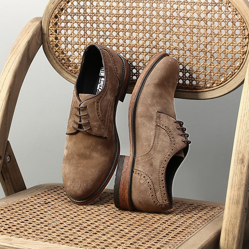 复古英伦风反绒皮德比鞋男真皮透气休闲皮鞋潮流男士百搭圆头皮鞋 - 图0