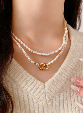 小众双层米白仿珍珠金属扣毛衣链