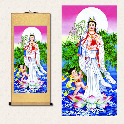 送子观音观世音画像佛堂寺庙挂画赐福坐莲卷轴丝绸画装饰画 - 图1