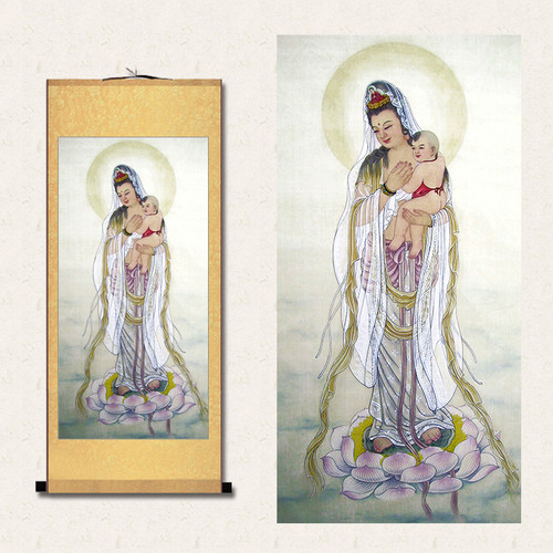 送子观音观世音画像佛堂寺庙挂画赐福坐莲卷轴丝绸画装饰画 - 图0