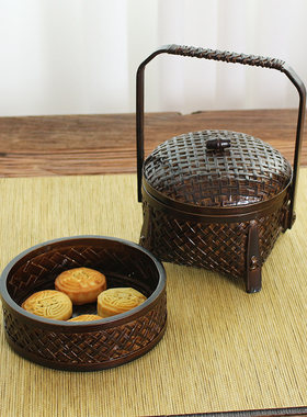 竹编日式篮子手提复古大漆食盒田园风茶道具收纳筐创意茶点盒双层