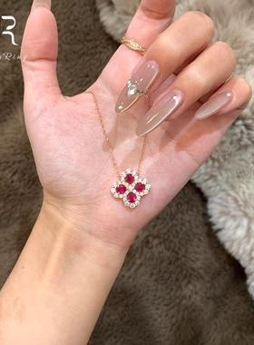 S925纯银红宝石四叶花项链轻奢女