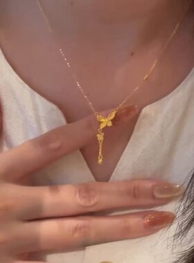 新中式复古风金色蝴蝶项链女新款