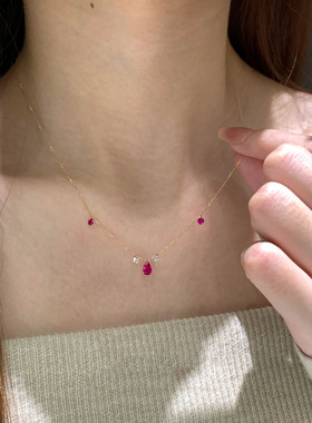 巨显白玫红宝石水滴闪钻极细项链