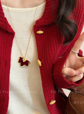 本命年红色丝绒马项链长款毛衣链