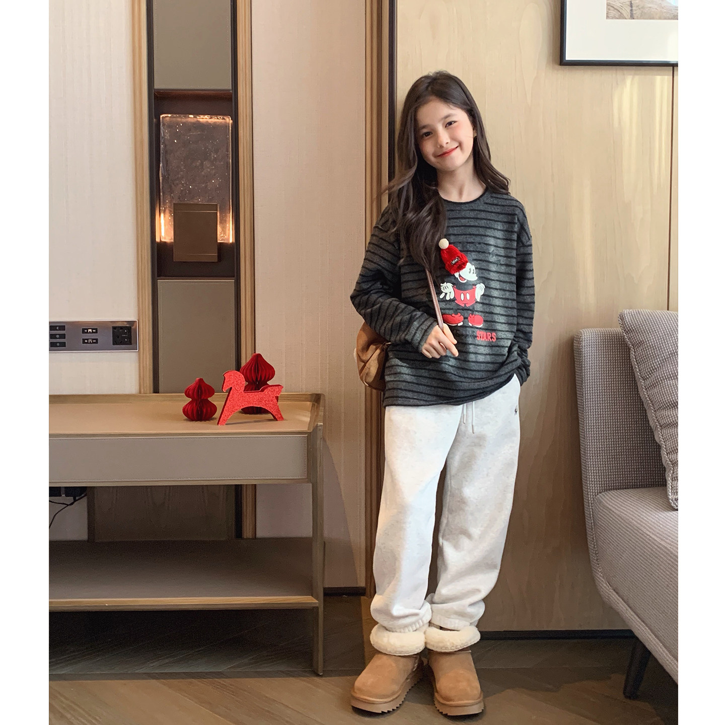 女大童加绒条纹T恤2025冬季新款少女慵懒保暖长袖上衣亲子打底衫,淘宝优惠券,粉丝福利购,淘宝优惠卷