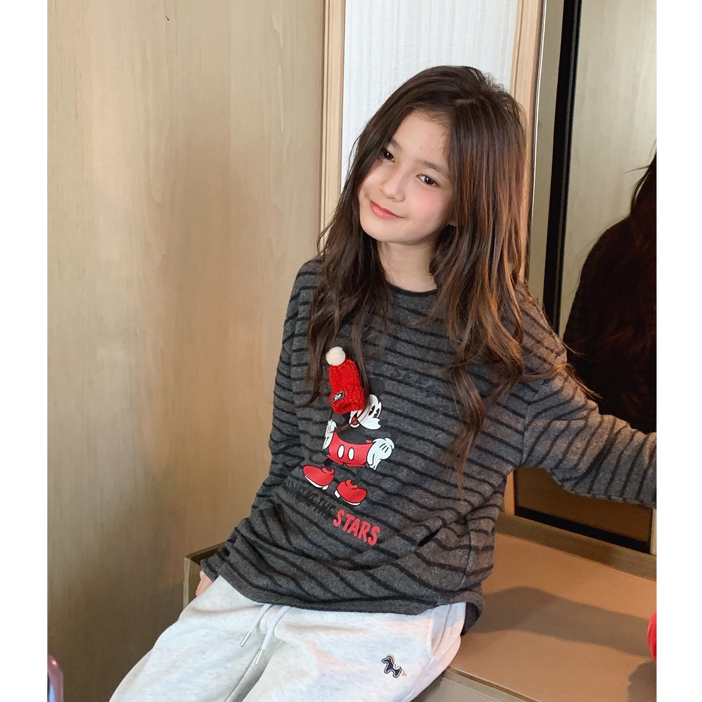 女大童加绒条纹T恤2025冬季新款少女慵懒保暖长袖上衣亲子打底衫,淘宝优惠券,粉丝福利购,淘宝优惠卷