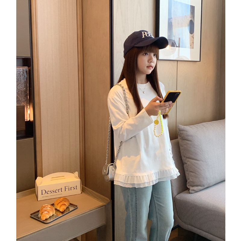 女大童韩版蕾丝拼接长袖T恤2025春装新款少女早春叠穿小白T打底衫,淘宝优惠券,粉丝福利购,淘宝优惠卷