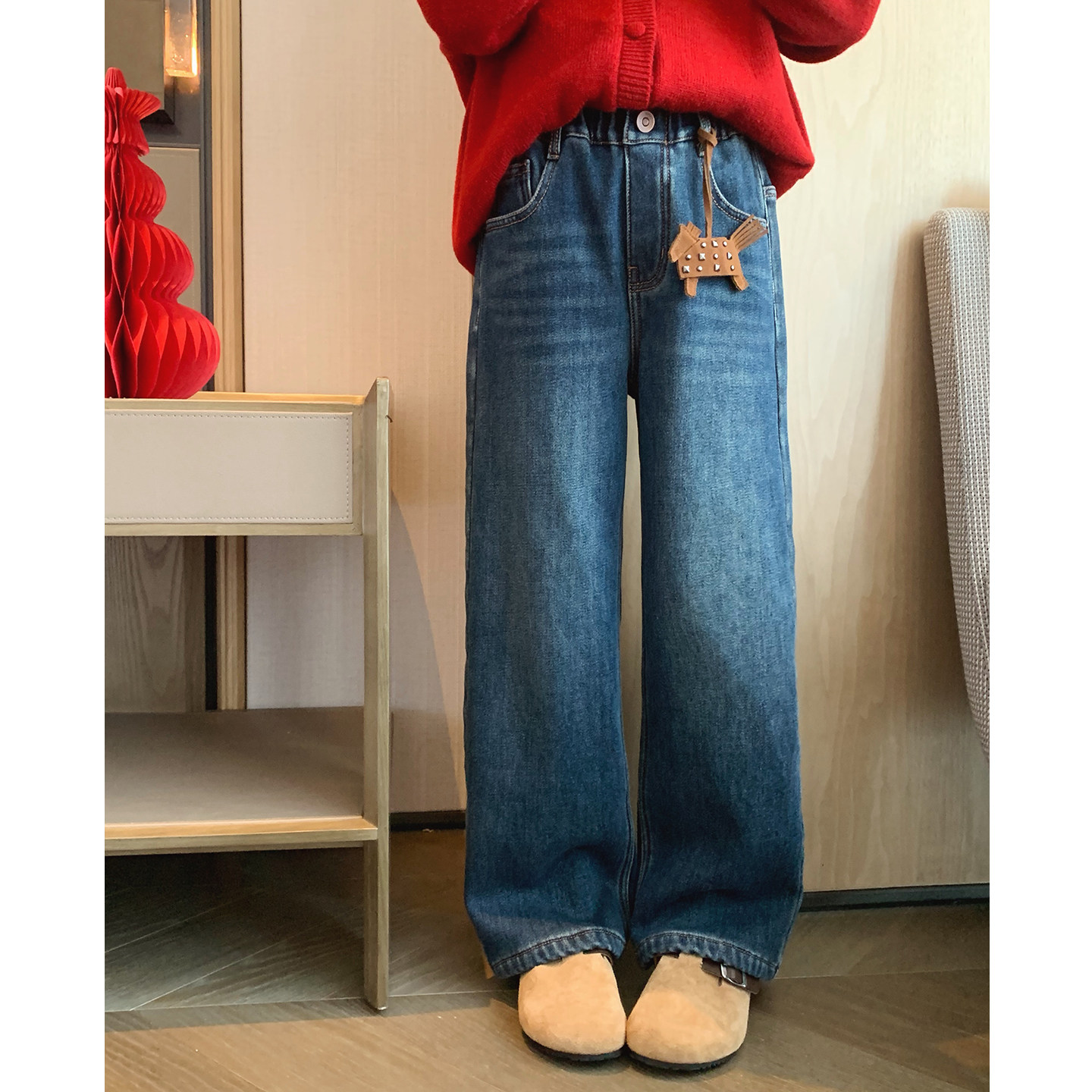 女大童复古蓝加绒牛仔裤2025冬季新款青少年保暖休闲裤学生直筒裤,淘宝优惠券,粉丝福利购,淘宝优惠卷