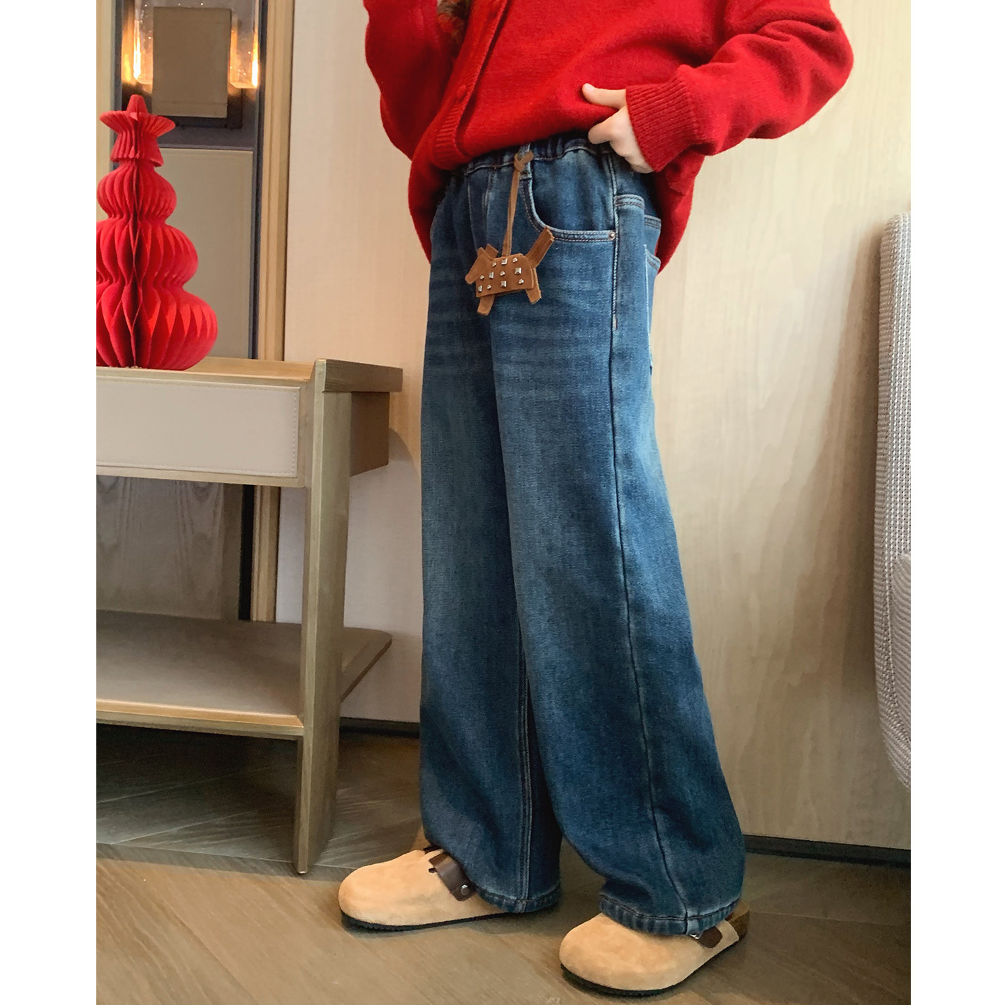 女大童复古蓝加绒牛仔裤2025冬季新款青少年保暖休闲裤学生直筒裤,淘宝优惠券,粉丝福利购,淘宝优惠卷