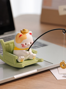 新款创意猫咪钓鱼摆件办公室工位桌面治愈系卡通小猫装饰同事礼物