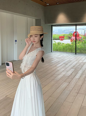『100%拉菲草』手工编织平顶草帽子女夏2025新款防晒镂空遮阳礼帽