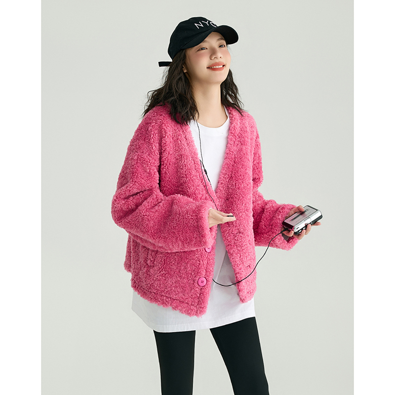 德玛纳短外套女秋冬新款高级感紫红色羊羔绒时尚休闲显瘦毛毛上衣