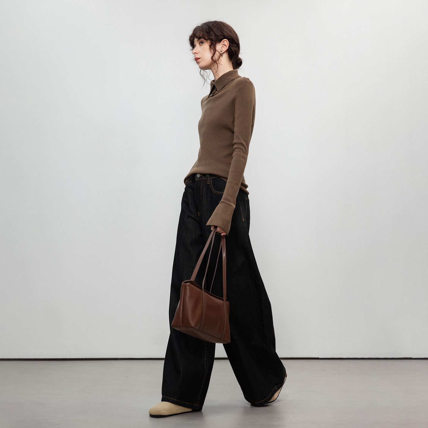 德玛纳通勤风翻领开叉喇叭袖针织衫女春秋新款气质修身线衫上衣,淘宝优惠券,粉丝福利购,淘宝优惠卷