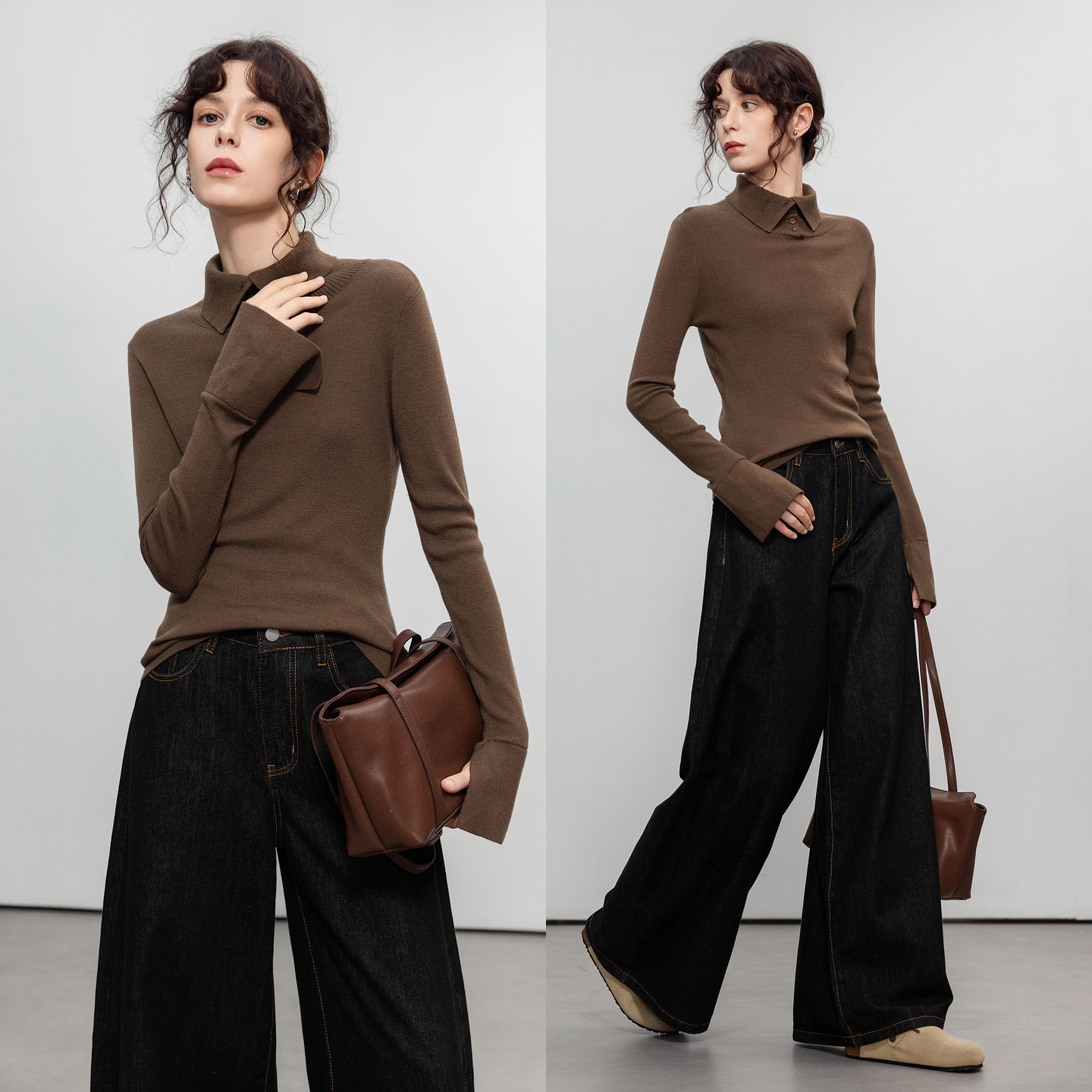 德玛纳通勤风翻领开叉喇叭袖针织衫女春秋新款气质修身线衫上衣,淘宝优惠券,粉丝福利购,淘宝优惠卷