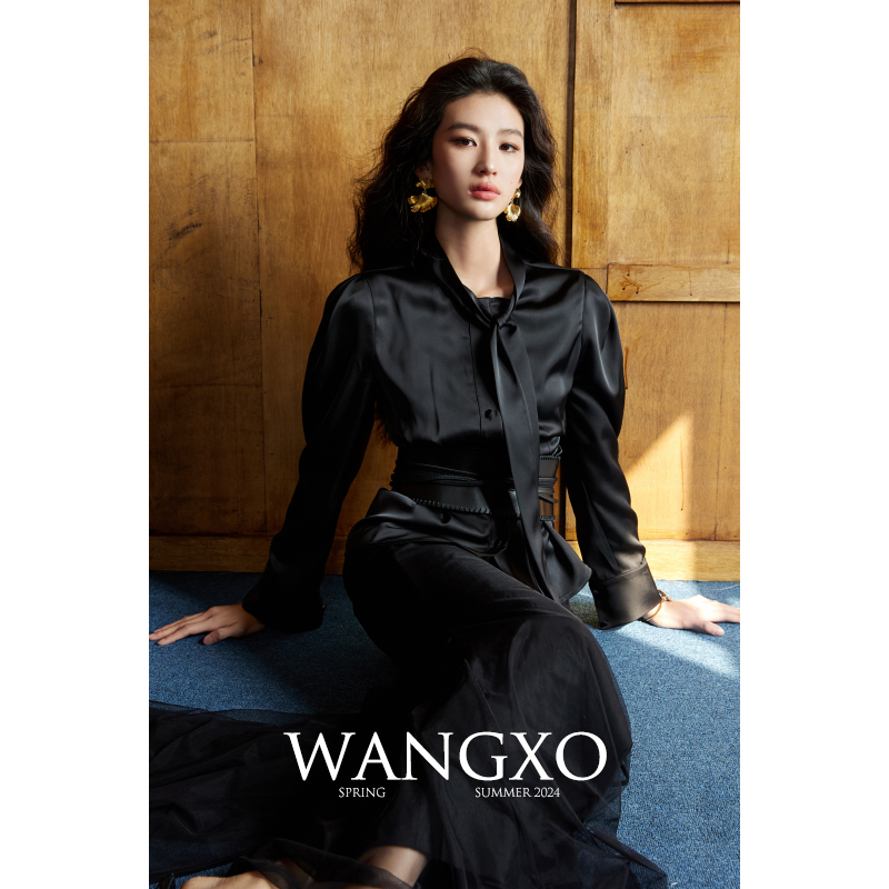 WANGXO|重磅奢贵高级双面缎光泽华丽|一体式飘带领收腰长袖衬衫女 - 图1