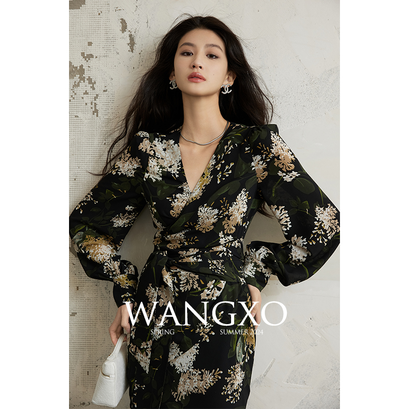 WANGXO丨定制水印面料双皱底布丨V领交叉绑带围裹式鱼尾连衣裙女