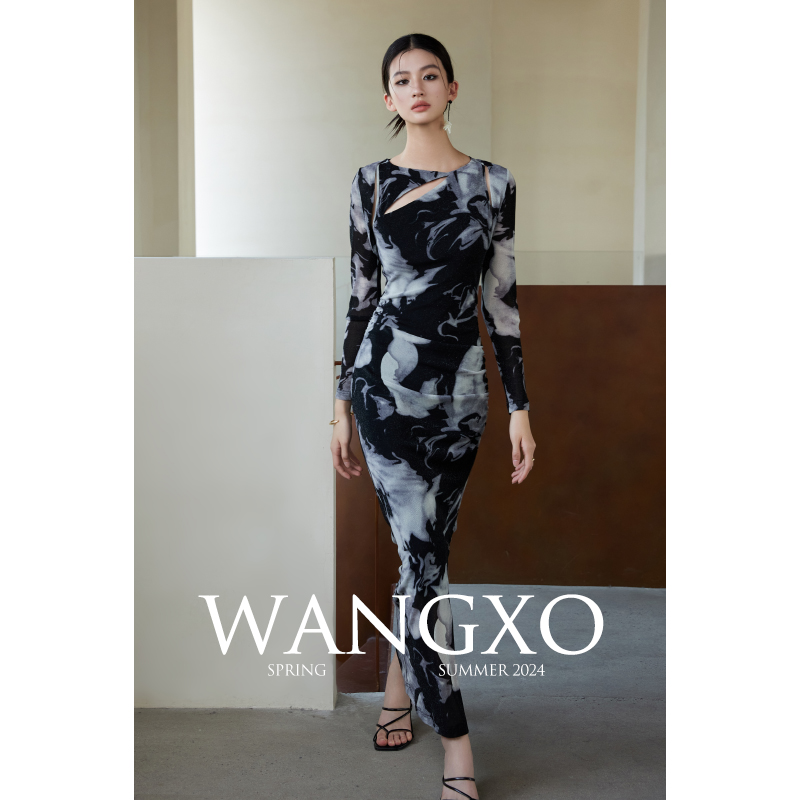 WANGXO|特殊定制印染弹力纱针织|分割褶皱印花连衣裙&坎肩两件套