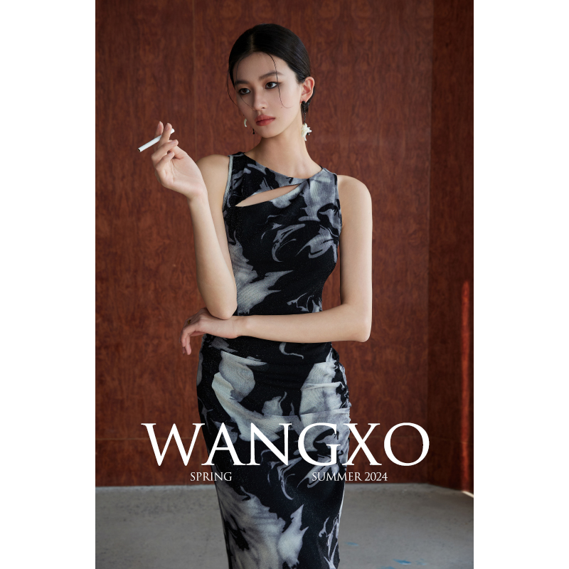 WANGXO|特殊定制印染弹力纱针织|分割褶皱印花连衣裙&坎肩两件套